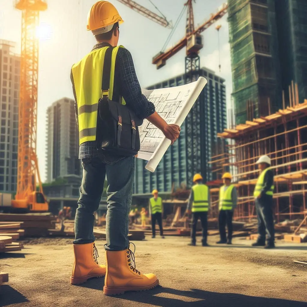 un hombre con un chaleco fluor sosteniendo un plano de construcción